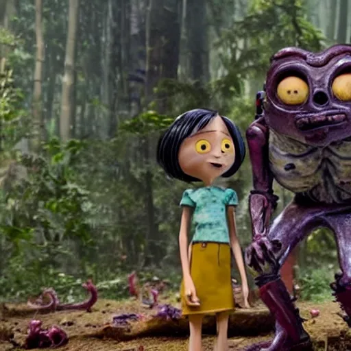 Prompt: a still of from the movie coraline crossover with the movie predator