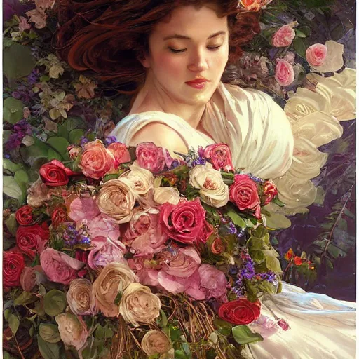 Image similar to an elaborate floating coffin with a mysterious woman sleeping and holding a large bouquet of flowing flowers, hands hidden under the bouquet, side view, fantasy, regal, intricate, by stanley artgerm lau, greg rutkowski, thomas kindkade, alphonse mucha, loish, norman rockwell