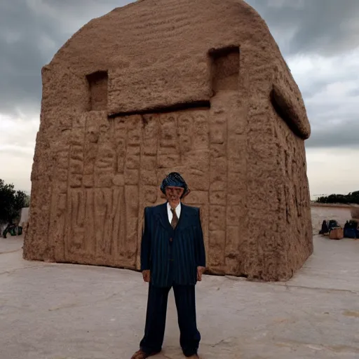 Prompt: cinematic film still of 80 year old Mediterranean skinned man in ancient Canaanite clothing stands in front of Noah's ark. Storm clouds. directed by Steven Spielberg
