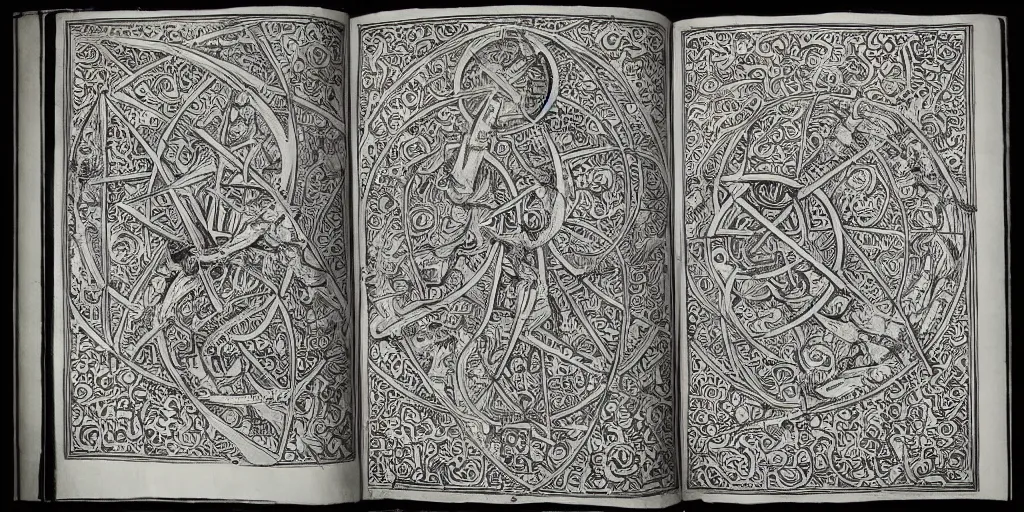 Prompt: Detailed pages from a forbidden ancient book, infographics, grimoire, ink illustration, sketching, accurate, realistic, composition, white paper, black ink, neon ink, informative graphs and diagrams, insanely detailed and intricate, sacred geometry, occult, malice, witchcraft, portals,