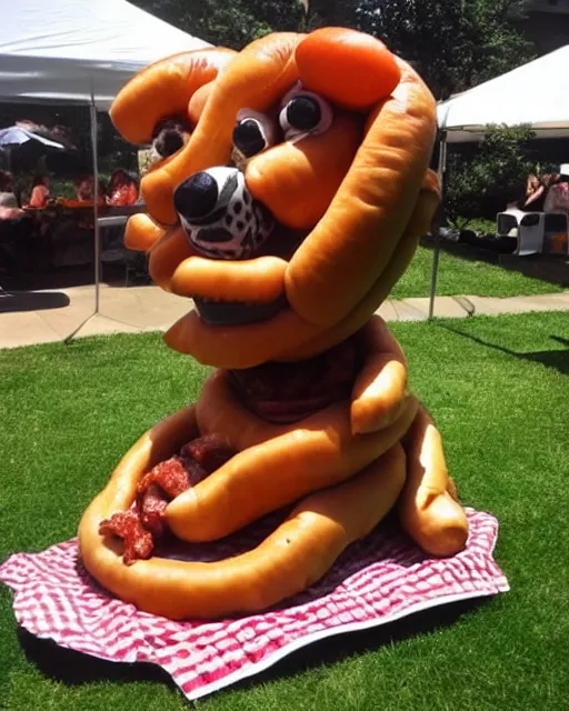 Image similar to hotdog sculpture of snoop dogg made of hotdogs