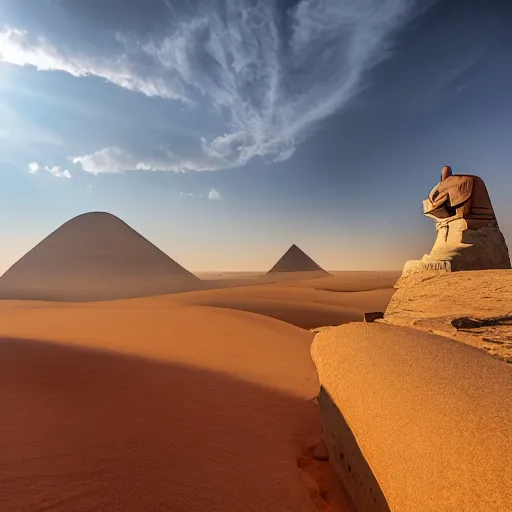 Image similar to wide angle shot of two sphinxes, one on each side, looking down on an adventurer, dusty desert, dramatic light, god rays, dreamlike