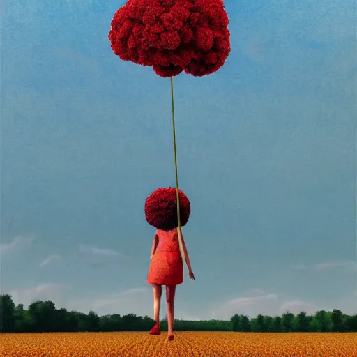 Image similar to giant red carnation afro head, full body, girl walking in the middle of a wheat field, surreal photography, hills, sunrise dramatic light, impressionist painting, colorful clouds, digital painting, pointillism, artstation, simon stalenhag