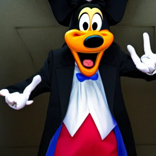 Prompt: evil Goofy as CEO of an evil corporation