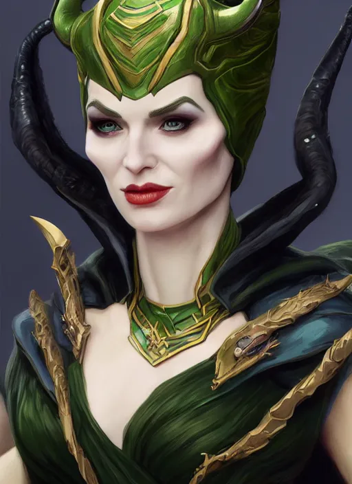 Prompt: female loki as maleficent, naturel, hyper detailed, digital art, trending in artstation, cinematic lighting, studio quality, smooth render, unreal engine 5 rendered, octane rendered, art style by klimt and nixeu and ian sprigger and wlop and krenz cushart