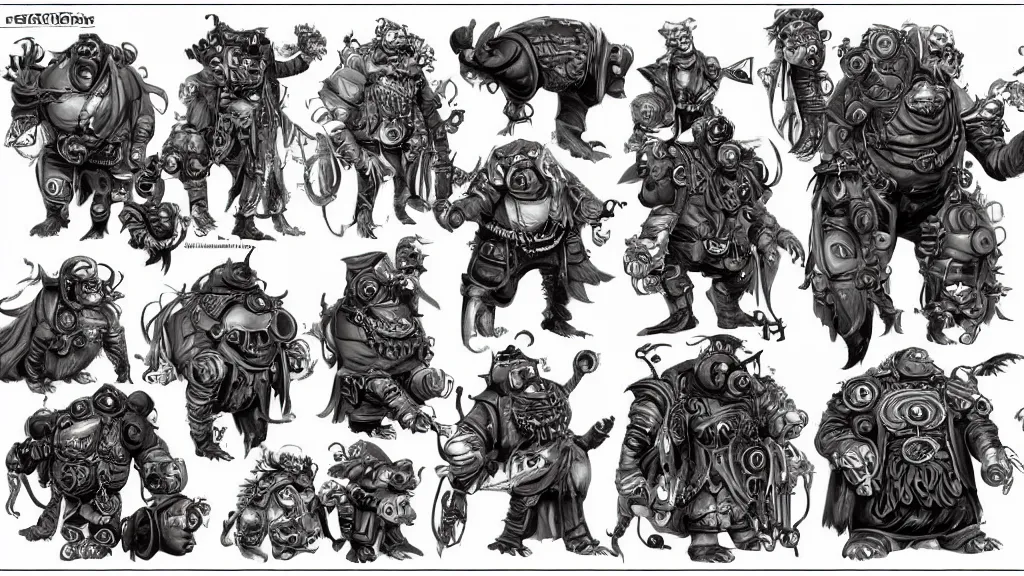 Image similar to a steampunk fantasy ogre character design sheet, trending on artstation