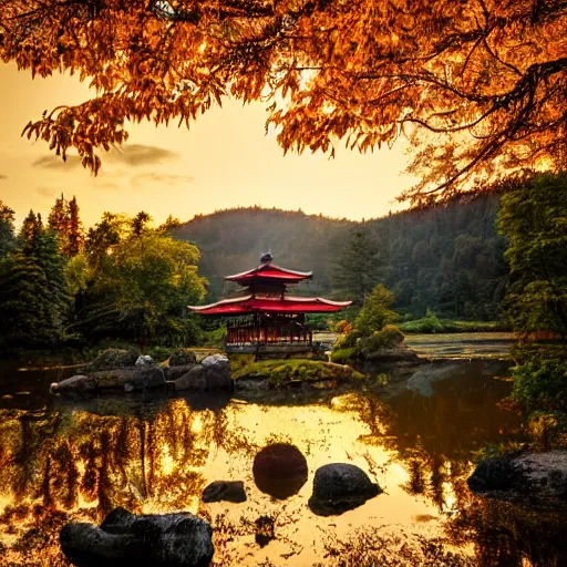 Prompt: pagoda made of gold and red paint beside a waterfall. forest scene. fluffy cloud skies. golden hour. peaceful