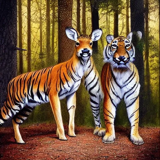 Image similar to !!! deer and!!! tiger standing close to each other in sherwood forest by esao andrews