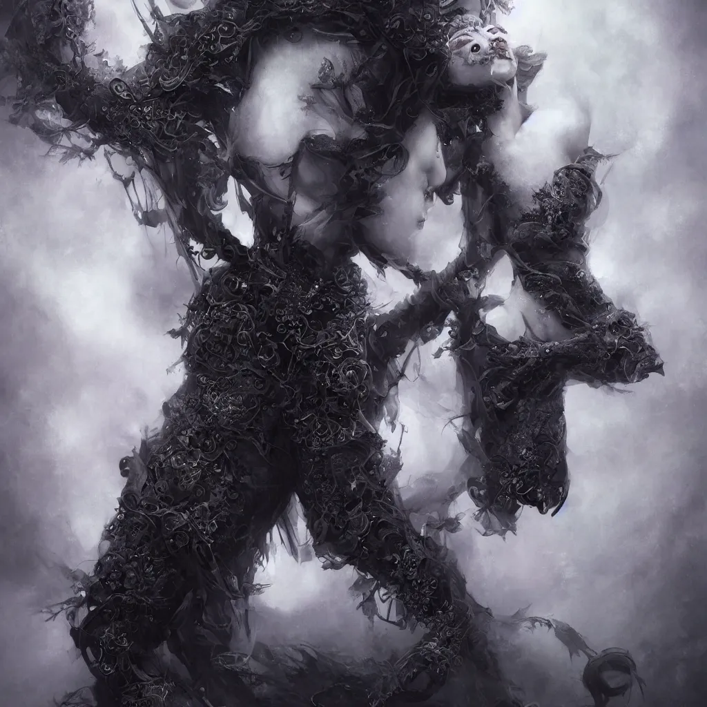 Image similar to tom bagshaw, soft painting centered portrait body shot fractal curiosities carnival, a single beautiful anthropomorphic female wolf mutation in full nightshade gothic armor, accurate features, focus, very intricate ultrafine details, black white purple volumetric clouds, award winning masterpiece, octane render 8 k hd