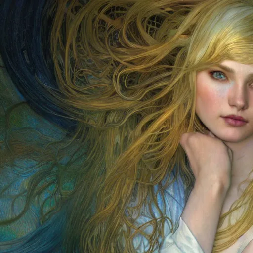 Image similar to A young woman with blonde long hair and bangs in shorts and white shirt drawn by Donato Giancola and Julie Bell, Luis Royo, alphonse mucha, background by James Jean and gustav klimt and John Marshall Gamble, 4k, volumetric lighting, french nouveau, trending on artstation, octane render, hyperrealistic