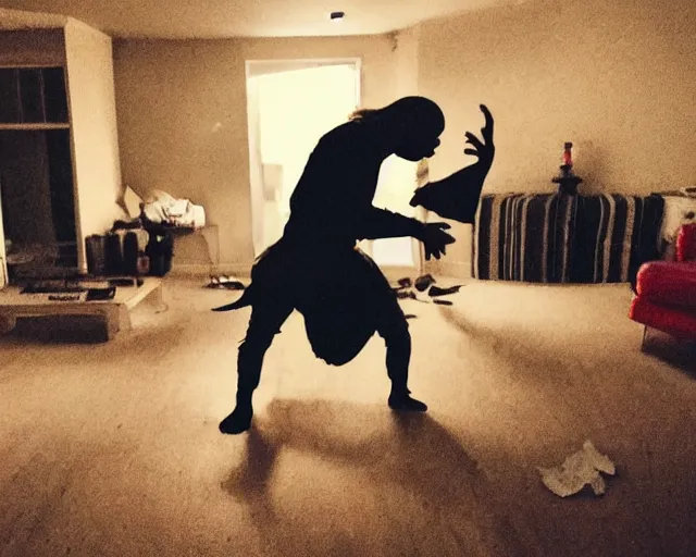 Image similar to transparent horror spirit attacks in living room interior photos shot on iphone, dynamic fight pose, full body shot, sharp focus, grainy, corpse, paranormal flashlight, deep night,