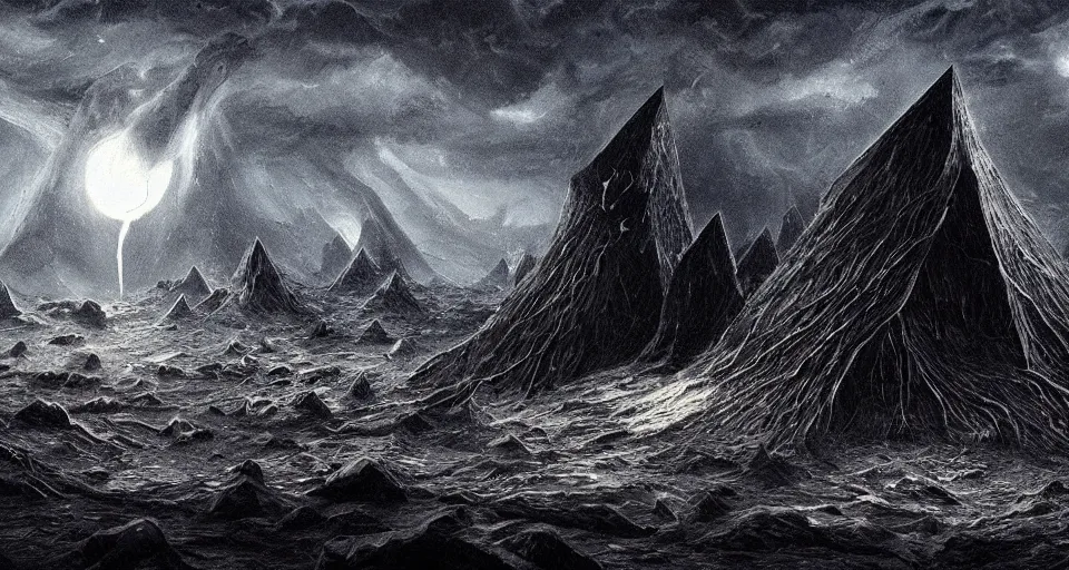 Image similar to black lovecraftian eldritch!! obsidian covered in etching pyramid!! on a black desert, being found by explorers, snowy, windy, by eugene von guerard, ivan shishkin, night, lightning!!, storm!, dramatic lighting, concept art, trending on artstation, 8 k