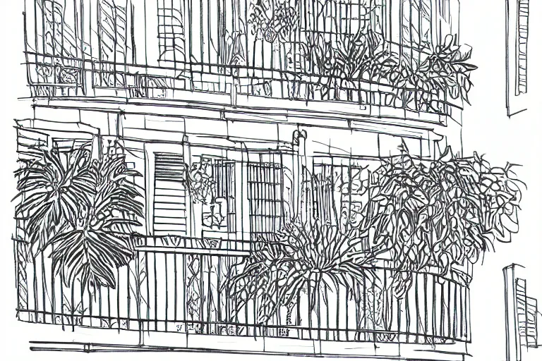 Prompt: a wide drawing of a balcony with plants, drawn in one line, back and white, solid background