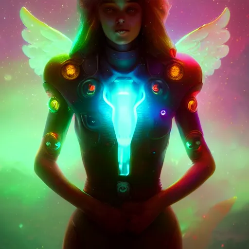 Image similar to cosmic angels, huggy wuggy from poppy playtime video game, fullbody, ultra high detailed, glowing lights, oil painting, greg rutkowski, charlie bowater, beeple, unreal 5, daz, hyperrealistic, octane render, rpg portrait, dynamic lighting, fantasy art, beautiful face