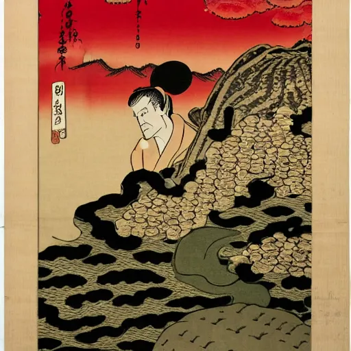 Prompt: japanese woodblock print depicting Agent Cooper in Twin Peaks, ukiyo-e, hokusai, mountains, forest, vivid colors