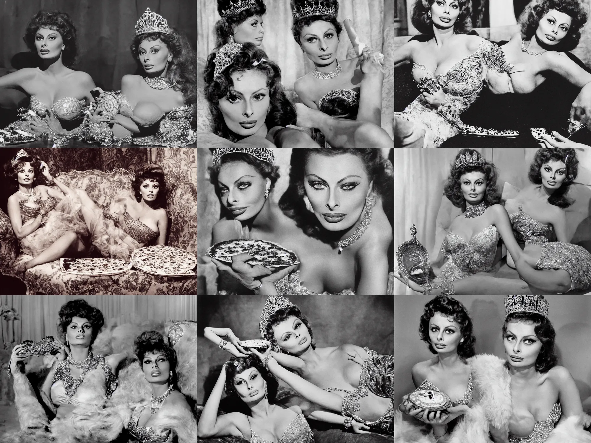 Prompt: a photo of young sophia loren, posing as a queen, lounging on expensive sofa, wearing tiara, pearl necklace, intricate gown, holding up a pizza!!!! margherita!! to the camera, beautiful, stunning, golden lighting, exquisit detail, masterpiece, burlesque photo by letizia battaglia