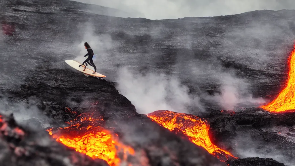 Image similar to medium shot of a person wearing a sponsored jersey surfing down a river of lava on the side of a volcano on surfboard, action shot, dystopian, thick black smoke and fire, sharp focus, cinematic, imax