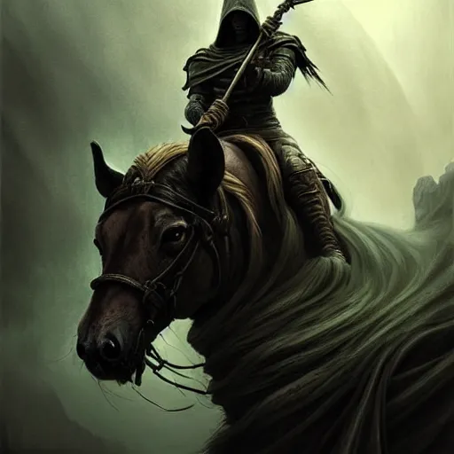 Image similar to concept art by artgerm, pestilence of the four horsemen of the apocalypse, soft green natural light, intricate, hooded death riding a horse, highly detailed dark art, digital painting, artstation, concept art, smooth, sharp focus, illustration, art by greg rutkowski and luis rollo and uang guangjian and gil elvgren, symmetry!