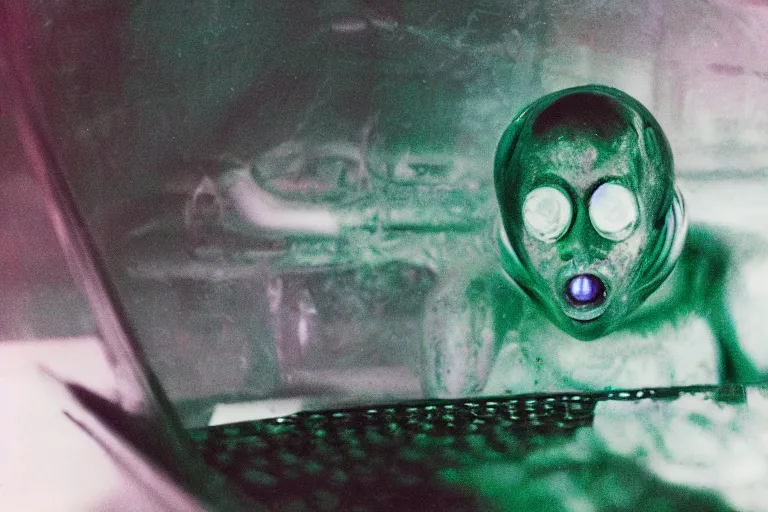 Image similar to greebled alien computer submerged in translucent goo, in 1 9 8 5, y 2 k cybercore, industrial low - light photography, in the style of tyler mitchell