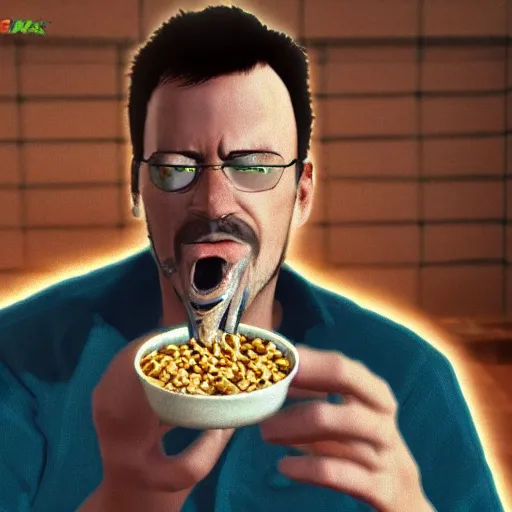 Image similar to jc denton from deus ex eats cereal at a table, liberty island, high quality, photorealistic, highly detailed face, 4 k, hd