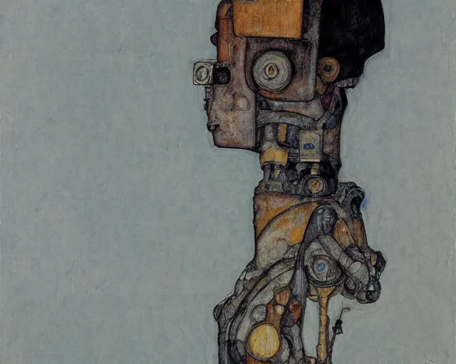 Image similar to portrait of a robot by egon schiele in the style of greg rutkowski