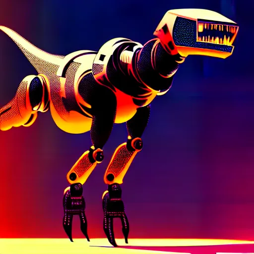 Prompt: an illustration of the full body of a cyberpunk robotic t-rex, we can see 2 legs and 2 extended arms, photorealistic, bokeh, 3D, unreal engine