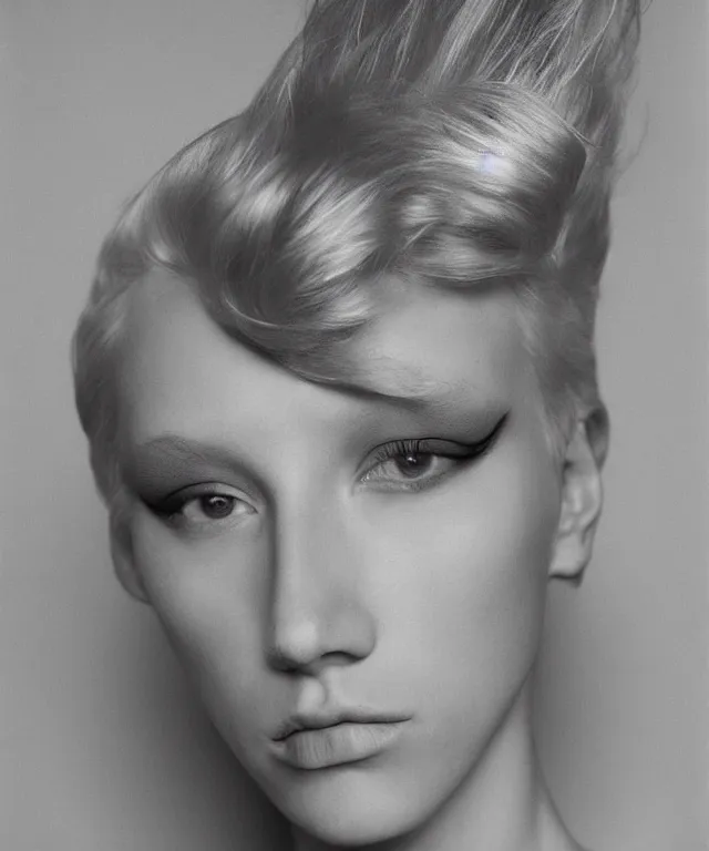 Prompt: a color photograph of a non binary model, platinum blonde, by thomas ruff, intense, bold, hyperrealistic, ultra sharp, extra details, ultra high quality, trending on pinteresst