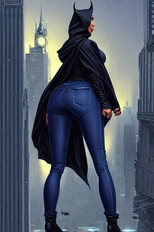 Prompt: kim kardashian wearing a hooded jacket and tight denim jeans, perfect-full-rear-shot, gotham city at night, intricate, elegant, highly detailed, digital painting, artstation, concept art, smooth, sharp focus, illustration, art by artgerm and greg rutkowski and alphonse mucha