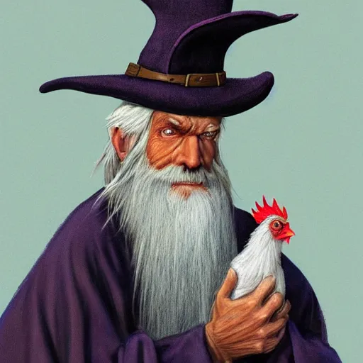 Image similar to character concept art of a kind old wizard with a long white beard looking a confused, holding a pet chicken perched top of his hat, wearing a blue robe, blue eyes, realistic, detailed, trending on ArtStation, by John Howe