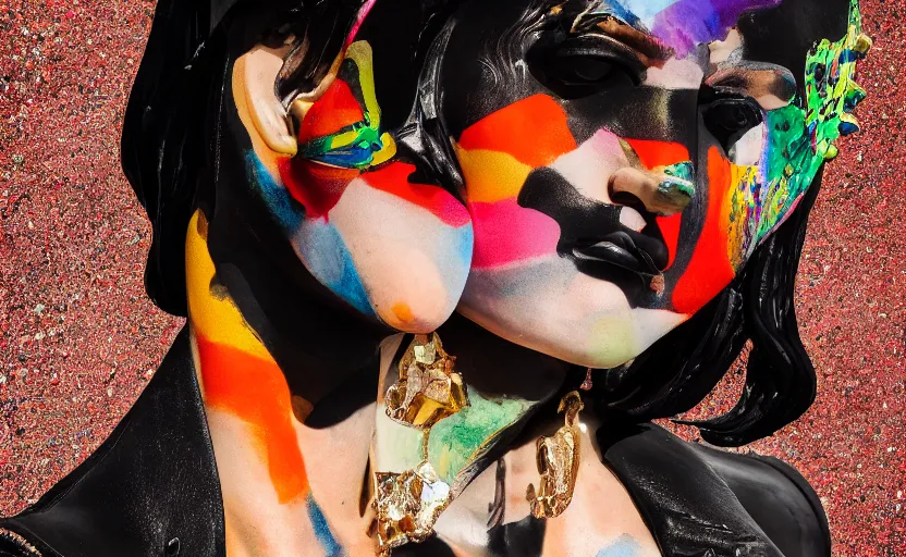 Image similar to close up portrait of extremely beautiful female black marble statue in the style of virgil abloh, colorful motocross logos behind her, sharp focus, clear, detailed,, cinematic, detailed, off white, glamourous, symmetrical, vogue, editorial, fashion, magazine shoot, glossy