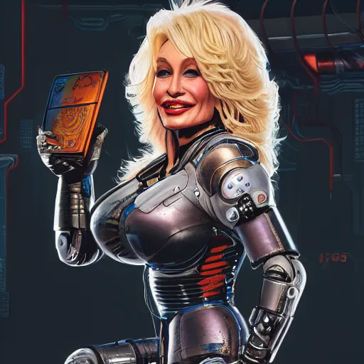 Prompt: closeup of cyborg Dolly Parton holding a books, cyberpunk 2077 setting, intricate, elegant, highly detailed, digital painting, artstation, concept art, matte, sharp focus, illustration, hearthstone, art by Artgerm and Greg Rutkowski and Alphonse Mucha