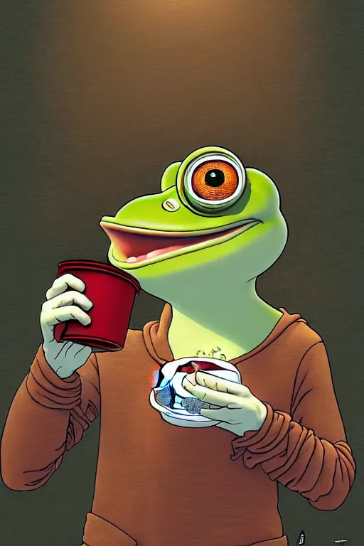 Prompt: pepe the frog drinking coffee, dynamic lighting, rotary symmetrical, 8 0 0 mm, unreal, depth detailed, by bambang nurdianshyah, garis edelweiss, roby dwi antono and ayami kojima, takato yamamoto, barclay shaw, karol bak, yukito kishiro, norman rockwell.