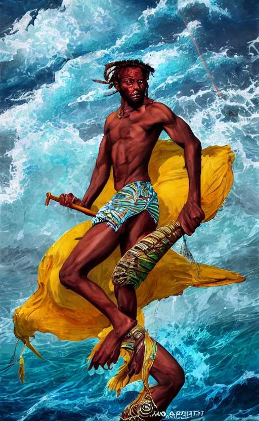 Image similar to character concept of a singular Jamaican fisherman wearing calico cloth and posing in a battle stance in the Jamaican sea, symmetrical face, dreadlocks, colors of Jamaica, cinematic, by Ross Tran and Artgerm and Peter Mohrbacher