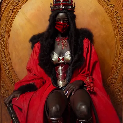 Image similar to full body portrait of black skinned, masked queen in red gothic robes sitting on a throne of bones, elegant, highly detailed painting by gaston bussiere, craig mullins, j. c. leyendecker, 8 k, mid shot