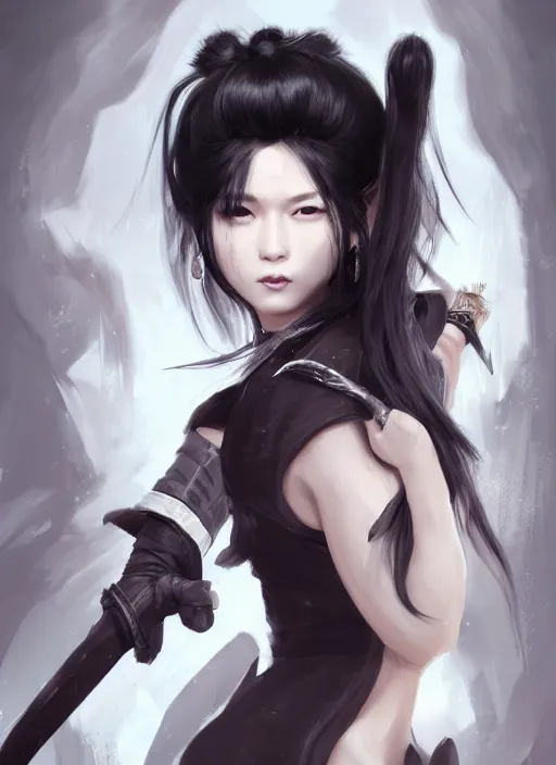 Prompt: a highly detailed illustration of fierce messy ponytail black haired one eyed japanese woman wearing long white coat, wearing eyepatch, dramatic wielding paper sword pose, intricate, elegant, highly detailed, centered, digital painting, artstation, concept art, smooth, sharp focus, league of legends concept art, wlop.