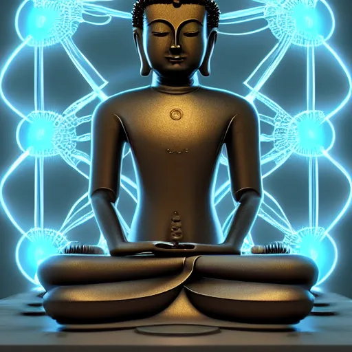 Image similar to robotic lifeform buddha meditating in front of a beautiful fractal neural network :: Unreal Engine 3d render