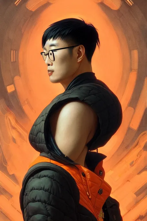 Image similar to an east asian man with short black hair, broad shoulders, thick round spectacles, wearing a bright orange bomber jacket, seductive cyberpunk dark fantasy, art by artgerm and karol bak and moebius and alphonse mucha and greg rutkowski, hyperdetailed, ultrarealistic, octane render