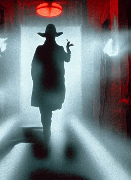 Image similar to A cinematic still from A Nightmare on Elm Street (1984), particles, volumetric light, hyperrealistic, ultradetailed, ominous, octane render, neon, fog