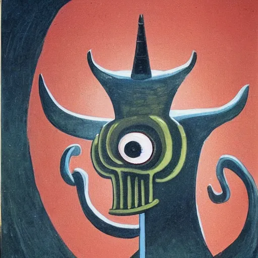 Prompt: A beautiful street art of a horned, red-eyed, skeleton-like creature, with a long black cape, and a staff with a snake wrapped around it, standing in front of a castle atop a cliff. catholicpunk by Arthur Dove