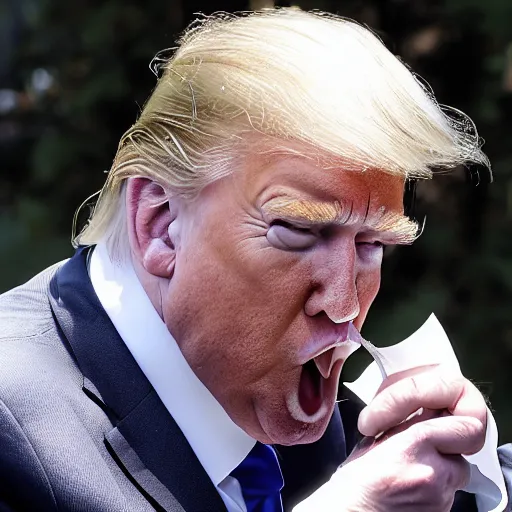Prompt: candid portrait photo of president trump eating a wad of paper, detailed portrait