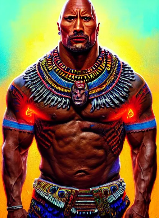 Image similar to portrait of dwayne johnson, hyper detailed ultra sharp aztec shaman warrior. trending on artstation, warpaint aesthetic, bloodwave, colorful, psychedelic, ornate, intricate, digital painting, concept art, smooth, sharp focus, illustration, art by artgerm and greg rutkowski and h. r. giger, 8 k