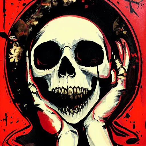 Prompt: painting of the virgin mary skull face by greg rutkowski and jc leyendecker with graffiti pop art