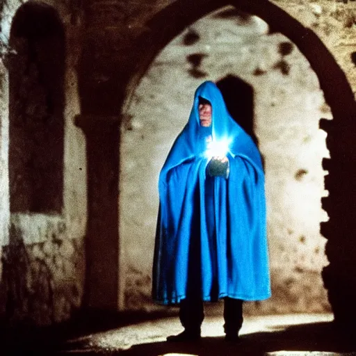 Prompt: man with a light blue hood in a dark medieval castle, 1 9 9 1, movie still