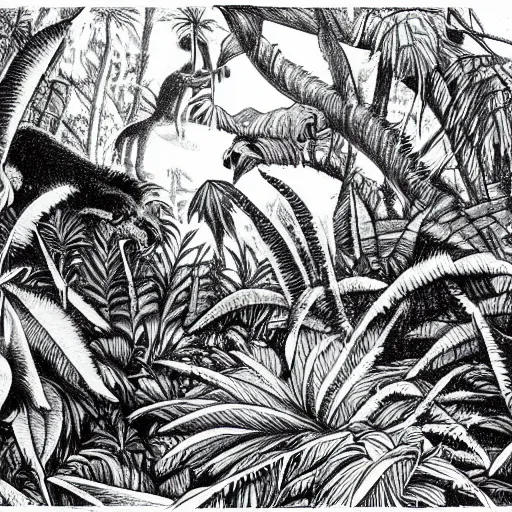 Prompt: a drawing of a strange jungle, with a large animal stalking in the foreground ( a reptilian jaguar ).