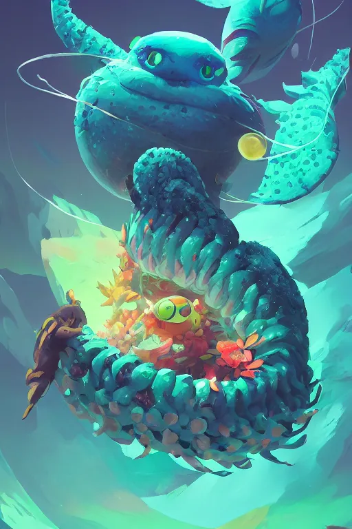 Image similar to creature animal sushi cristal very big eye roots cactus elemental flush of force nature micro world fluo fishscale, behance hd by jesper ejsing, by rhads, makoto shinkai and lois van baarle, ilya kuvshinov, rossdraws global illumination