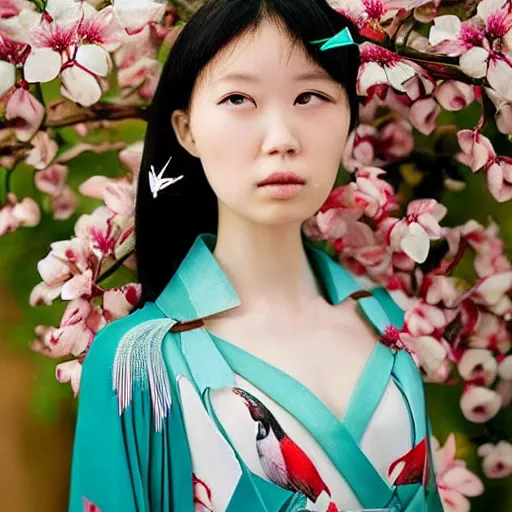 Image similar to a beautiful girl wearing an origami dress eye - level medium shot, fine floral ornaments in cloth and hair, hummingbirds, elegant, by eiko