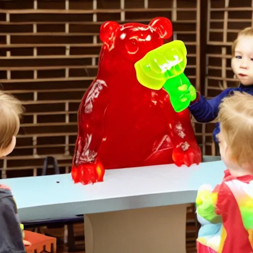 Prompt: a monster gummy bear tries to eat kids inside a kindergarten