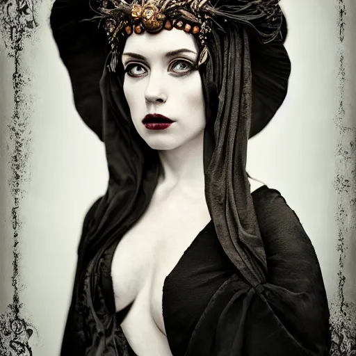 Image similar to a portrait of female model by anka zhuravleva and peter kemp, dark fantasy, ornate headpiece, dark beauty, photorealistic, canon r 3,