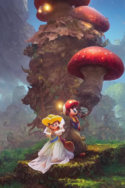 Prompt: portrait of Toad and Yoshi in the mushroom kingdom, D&D, fantasy, highly detailed, digital painting, artstation, concept art, smooth, sharp focus, illustration, art by artgerm and greg rutkowski and alphonse mucha