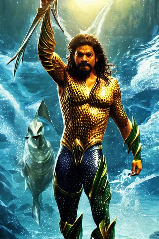 Image similar to Shah Rukh Khan as Aquaman, heroic, portrait, masculine figure, highly detailed, digital painting, artstation, concept art, smooth, sharp focus, illustration, cinematic lighting, art by artgerm and greg rutkowski and alphonse mucha